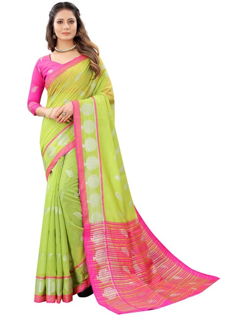 

Dhyey Fashion Olive Green & Pink Ethnic Motifs Zari Silk Cotton Banarasi Saree