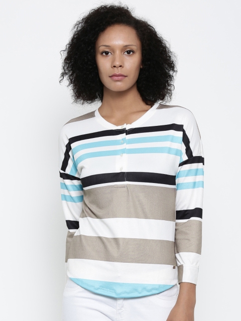

Park Avenue Woman Women Off-White Striped Henley Neck T-shirt