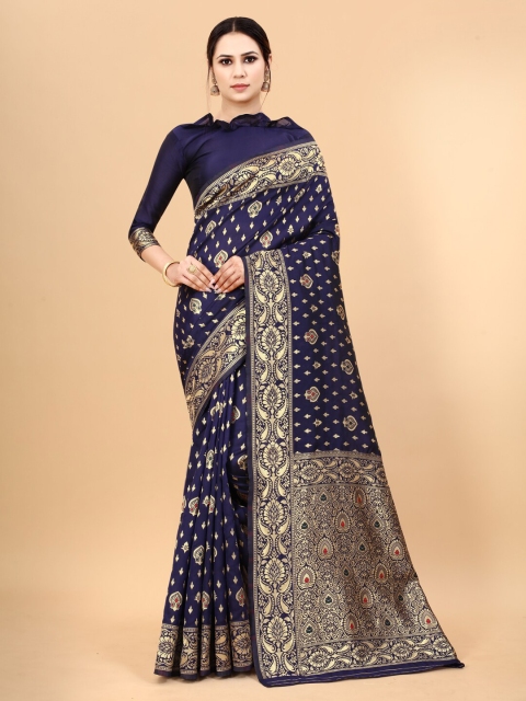 

WELL WORN Navy Blue & Gold-Toned Woven Design Zari Silk Cotton Banarasi Saree