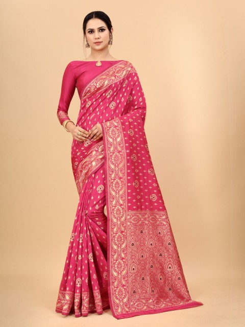 

WELL WORN Pink & Gold-Toned Woven Design Zari Silk Cotton Ready to Wear Banarasi Saree
