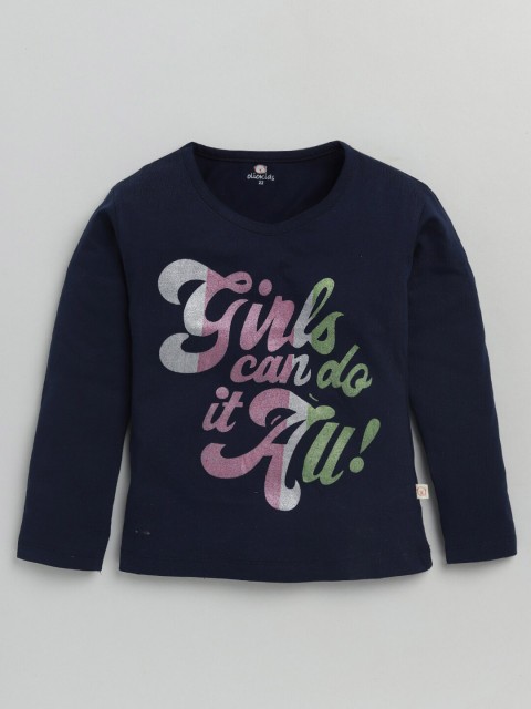 

Olio Kids Girls Blue Typography Printed T-shirt