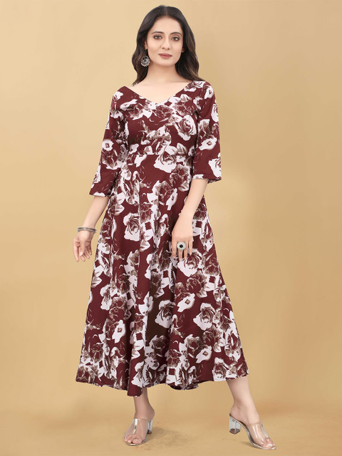 

PRASTHAN Maroon Floral Crepe Midi Dress
