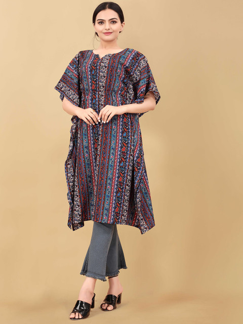 

PRASTHAN Women Multicoloured Ethnic Motifs Printed Flared Sleeves Crepe Kaftan Kurta, Multi