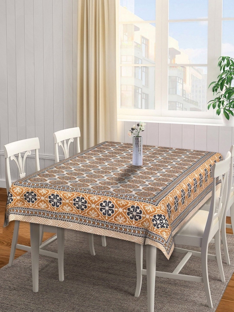 

INDHOME LIFE White and Mustard Printed Cotton 6-Seater Dining Table Cover, Multi