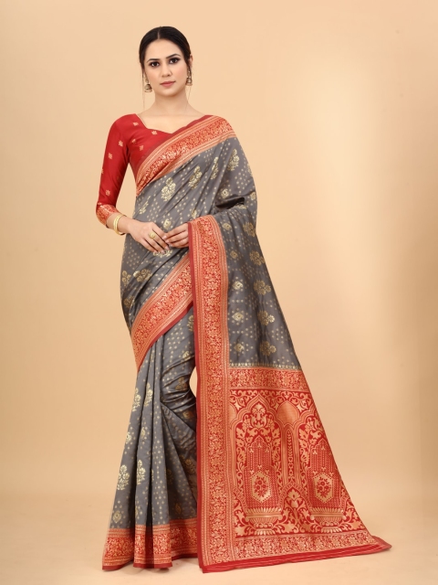 

WELL WORN Grey & Red Woven Design Zari Silk Cotton Ready to Wear Banarasi Saree