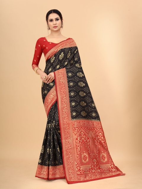 

WELL WORN Black & Red Woven Design Zari Silk Cotton Banarasi Saree