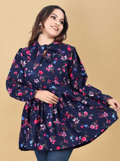 

PRASTHAN Blue Floral Print Tie-Up Neck Bishop Sleeves Crepe Top