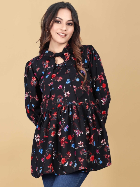 

PRASTHAN Black Floral Print Tie-Up Neck Crepe Top