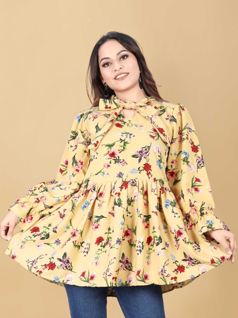 

PRASTHAN Women Yellow Floral Print Bishop Sleeves Crepe Top