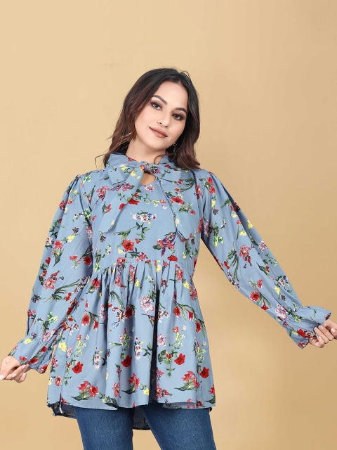 

PRASTHAN Turquoise Blue Floral Print Crepe Shirt Style Longline Top