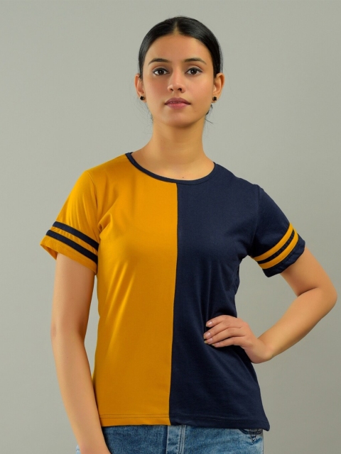 

BASE 41 Women Mustard Yellow Colourblocked Slim Fit T-shirt
