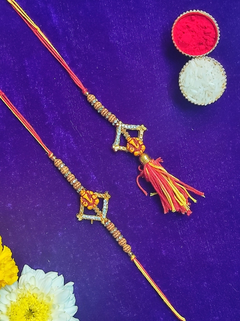 

CRAYTON Men Set of 2 Premium Ganpati with Diamonds Bhaiya Bhabhi Lumba Rakhi, Orange
