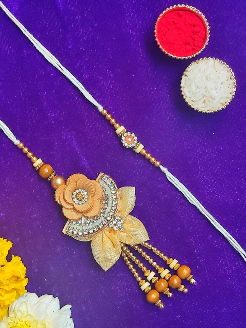 

CRAYTON Men Gold-Toned & Silver-Toned Diamond Studded Bhaiya Bhabhi Lumba Rakhi