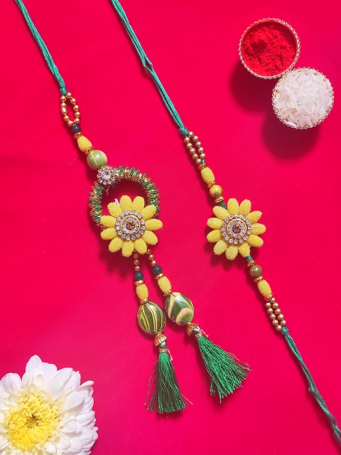 

CRAYTON Yellow & Green Sunflower Bhaiya Bhabhi Lumba Rakhi with Roli Chawal