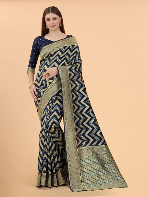 

WELL WORN Navy Blue & Gold-Toned Woven Design Zari Silk Banarasi Saree