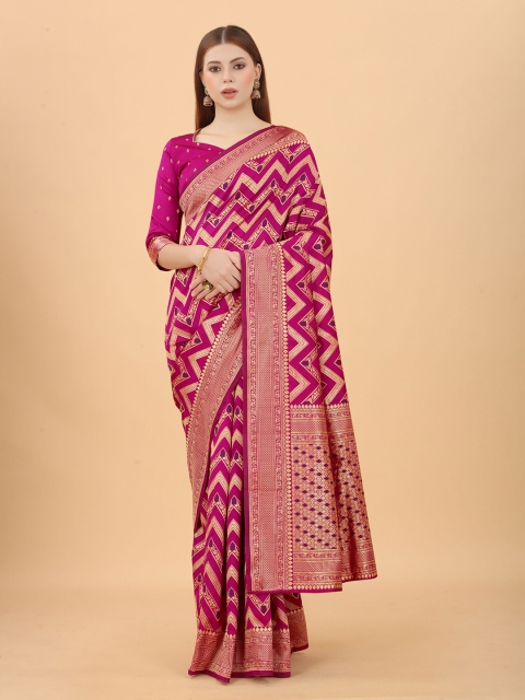 

WELL WORN Pink & Gold-Toned Woven Design Zari Silk Cotton Ready to Wear Banarasi Saree