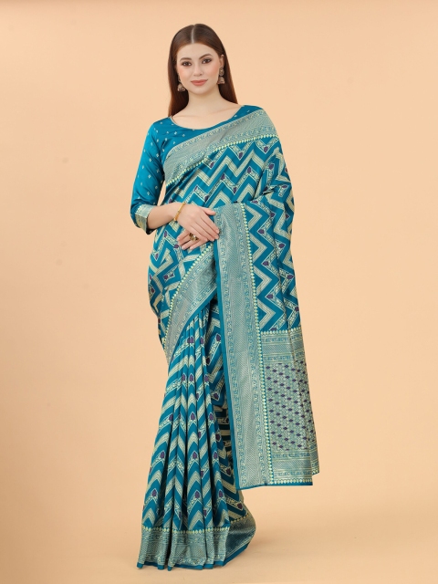 

WELL WORN Women Blue & Purple Woven Design Zari Silk Cotton Ready to Wear Banarasi Saree