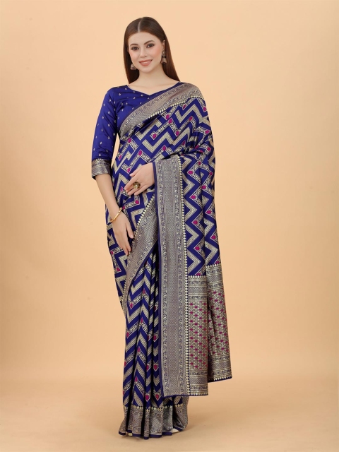 

WELL WORN Blue & Gold-Toned Ethnic Motifs Zari Silk Cotton Banarasi Saree