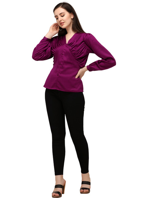 

Urban Luxe Purple Solid Satin Full Sleeve Top