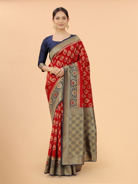 

WELL WORN Red & Navy Blue Woven Design Zari Silk Cotton Ready to Wear Banarasi Saree