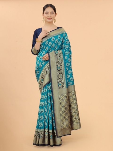 

WELL WORN Blue & Gold-Toned Woven Design Zari Silk Cotton Banarasi Saree