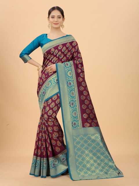 

WELL WORN Purple & Gold-Toned Woven Design Zari Silk Cotton Ready to Wear Banarasi Saree