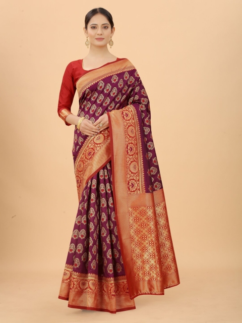 

WELL WORN Burgundy & Red Woven Design Zari Silk Cotton Ready to Wear Banarasi Saree