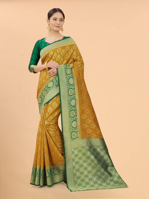 

WELL WORN Gold-Toned & Mustard Woven Design Zari Silk Cotton Banarasi Saree