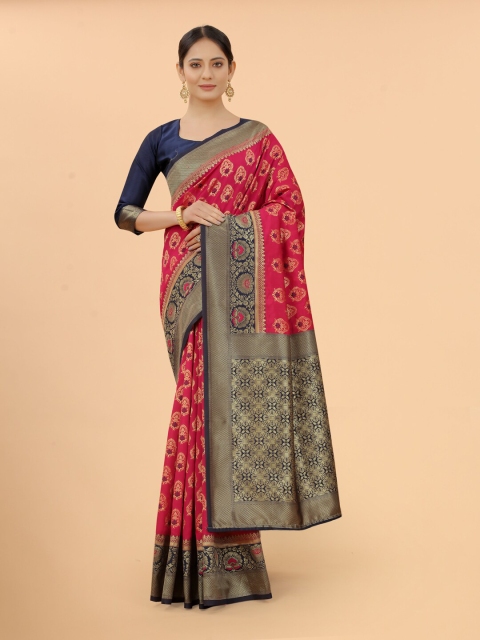 

WELL WORN Gold-Toned & Rose Woven Design Zari Silk Cotton Ready to Wear Banarasi Saree