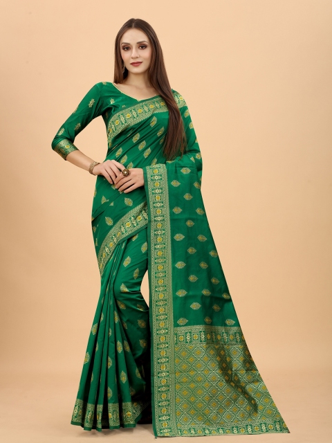 

WELL WORN Green & Gold-Toned Woven Design Zari Silk Cotton Ready to Wear Banarasi Saree