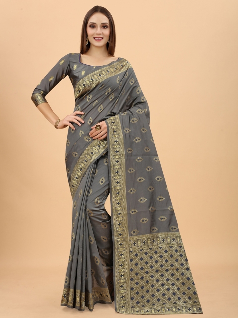 

WELL WORN Grey & Gold-Toned Woven Design Zari Silk Cotton Ready to Wear Banarasi Saree