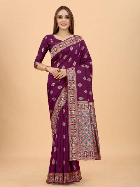 

WELL WORN Burgundy & Gold-Toned Woven Design Zari Silk Cotton Ready to Wear Banarasi Saree