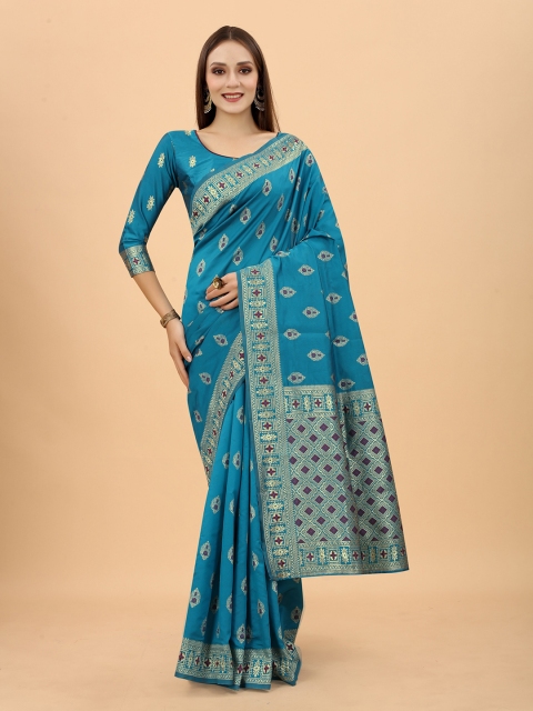 

WELL WORN Blue & Gold-Toned Woven Design Zari Silk Cotton Ready to Wear Banarasi Saree