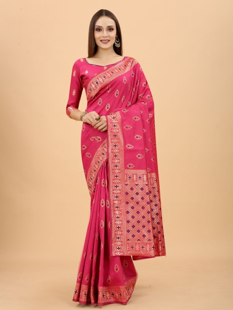 

WELL WORN Pink & Gold-Toned Woven Design Zari Silk Cotton Ready to Wear Banarasi Saree