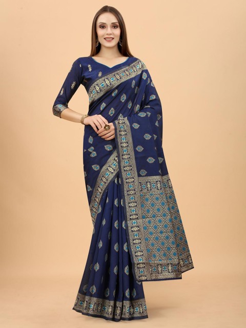 

WELL WORN Navy Blue & Gold-Toned Woven Design Zari Silk Cotton Banarasi Saree