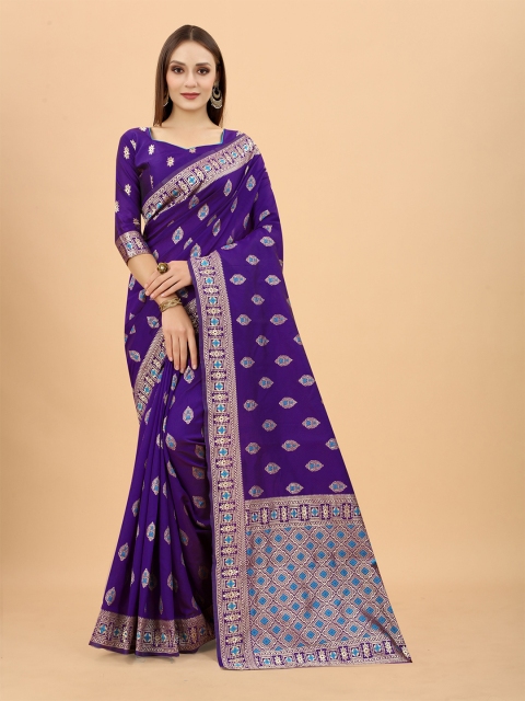 

WELL WORN Purple & Gold-Toned Woven Design Zari Silk Cotton Ready to Wear Banarasi Saree