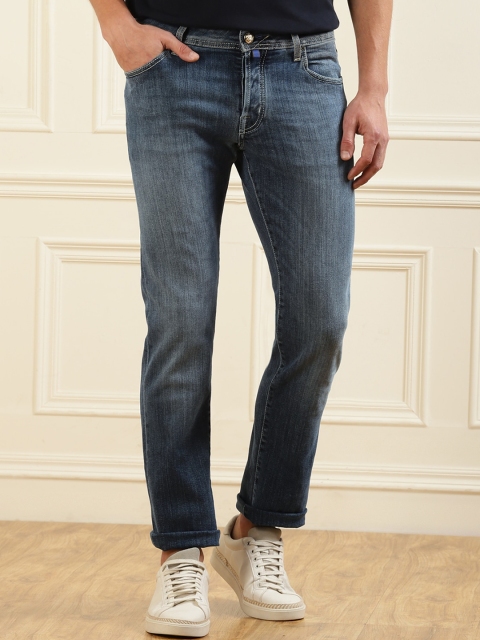 

Jacob Cohen Men Blue Mid-Wash Diagonal-Stripes Blue Pony Patch-On-Back Jeans