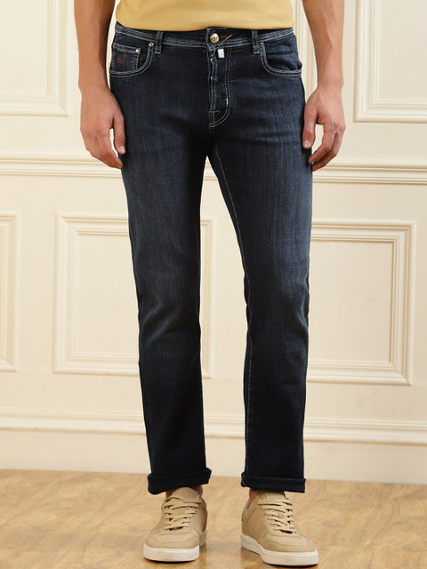 

Jacob Cohen Men Navy Blue Dark-Wash Diagonal-Stripes Red Pony Patch-On-Back Jeans