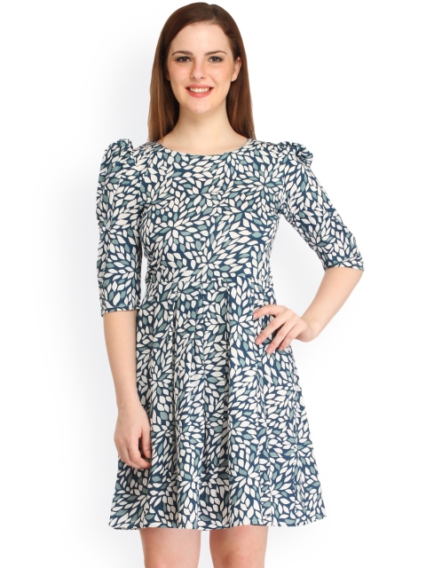 

Cottinfab Women Blue & White Printed Fit and Flare Dress