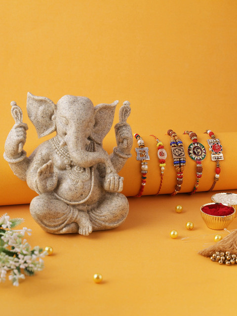 

Aapno Rajasthan Set of 5 Multicolored Pristine Stone Idol with Rakhi Gift Set, Multi