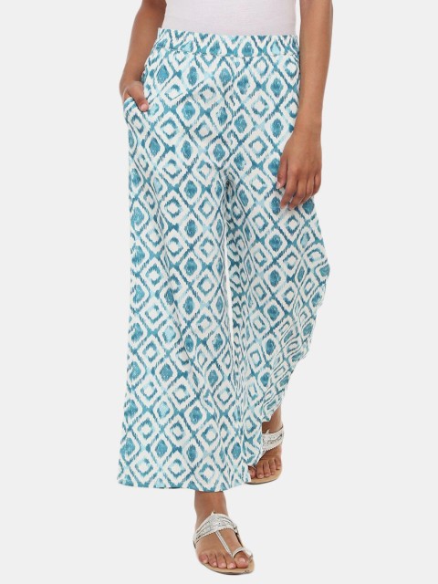 

V-Mart Women Off White & Blue Printed Knitted Ethnic Palazzos