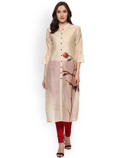 

Bhama Couture Women Beige Printed Straight Kurta