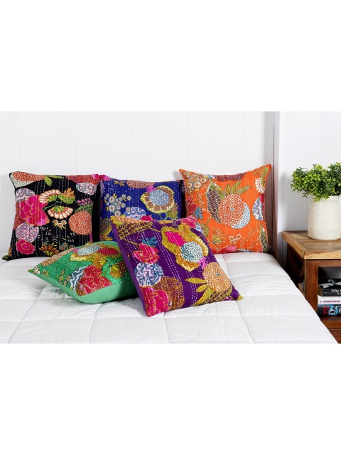 

HANDICRAFT PALACE Set of 5 Floral Square Cushion Covers, Orange
