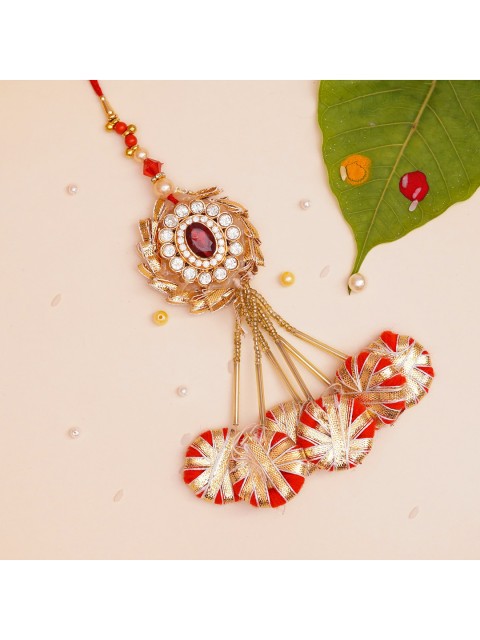 

The Magic Wand Gold Coloured & White Stone Studded & Beaded Thread Lumba Rakhi