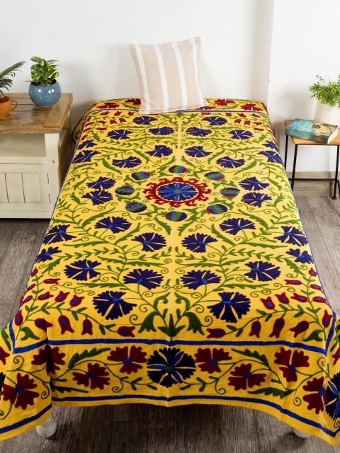 

HANDICRAFT PALACE Yellow Hand Suzani Embroidered Floral Cotton Single Bed Cover Throw