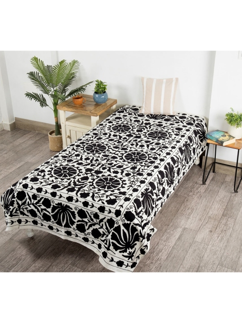 

HANDICRAFT PALACE Black Floral Embroidered Cotton Single Bed Cover