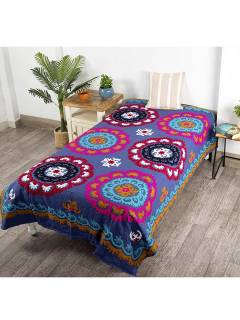 

HANDICRAFT PALACE Blue Suzani Embroidered Cotton Single Bed Cover Throw