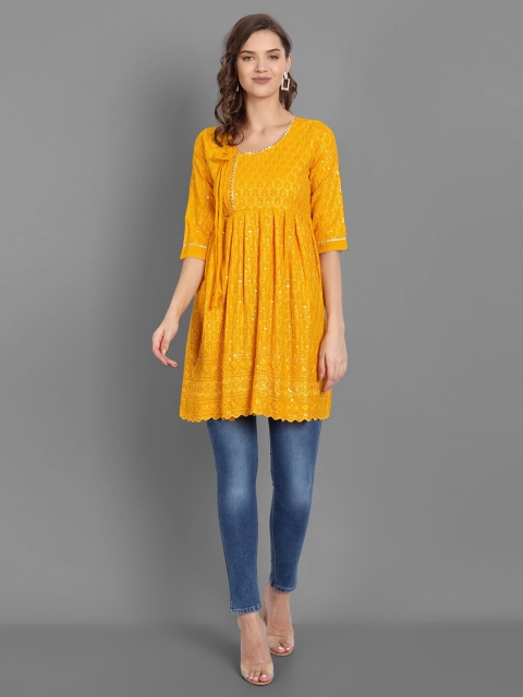 

TORONFRAS Yellow Embroidered Sequinned Pleated Angrakha Kurti