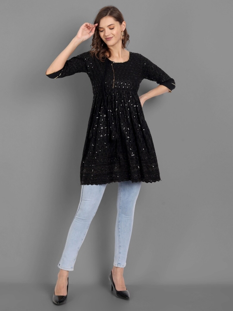 

TORONFRAS Black Embellished Gotta Patti Sequined Pleated Kurti