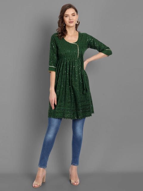 

TORONFRAS Women Green Embroidered Sequinned Pleated Kurti